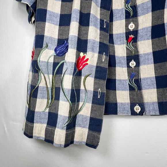 RARE Vintage 2-in-1 Blue Gingham Embroidered Shirt & Vest Women M Tulips Twofer - Picture 11 of 15